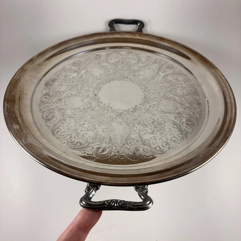 Sheridan‎ Silverplate Round Serving Tray Etched Floral Design with Handles 12in